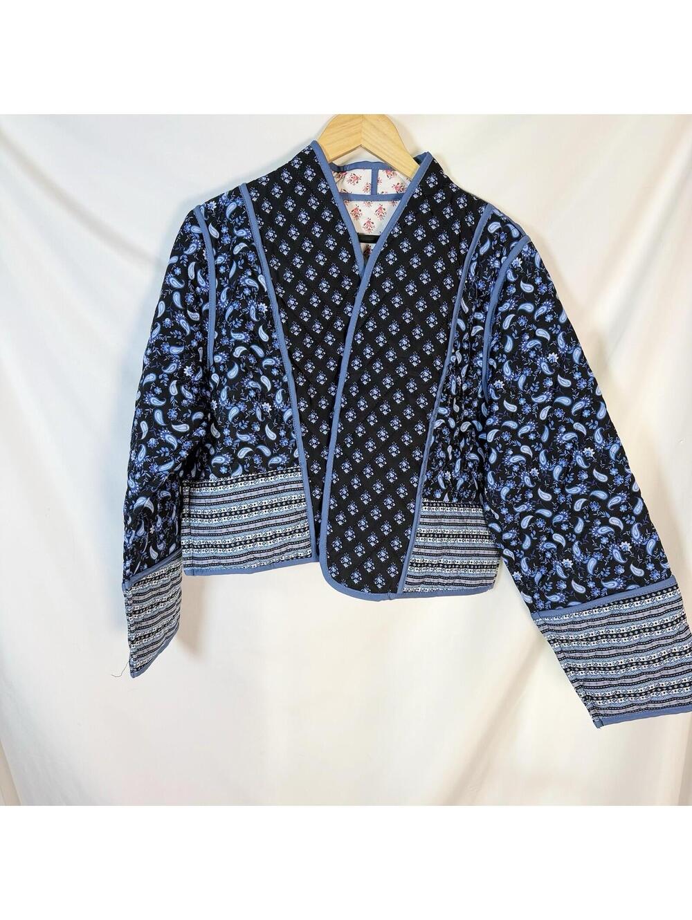 Women Reversible Quilted Cropped Jacket Open Front Boho Cottagecore Floral Sz S